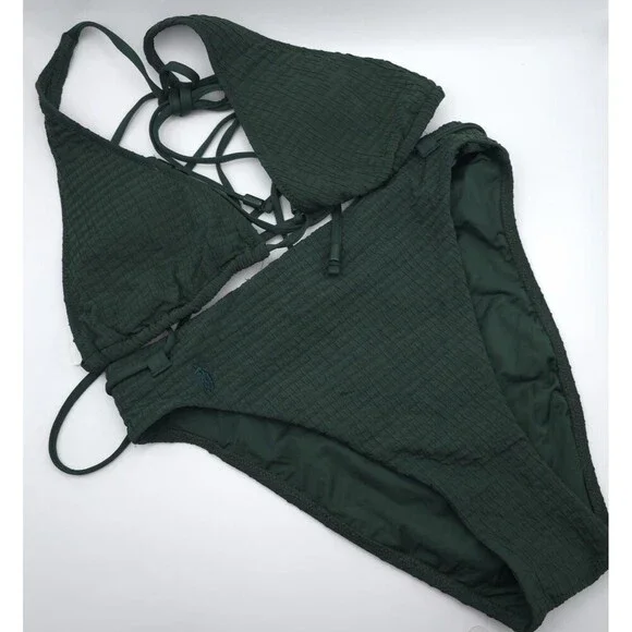POLO RALPH LAUREN New SET Swimsuit M Bikini Top Bottle Green Subtle Textured